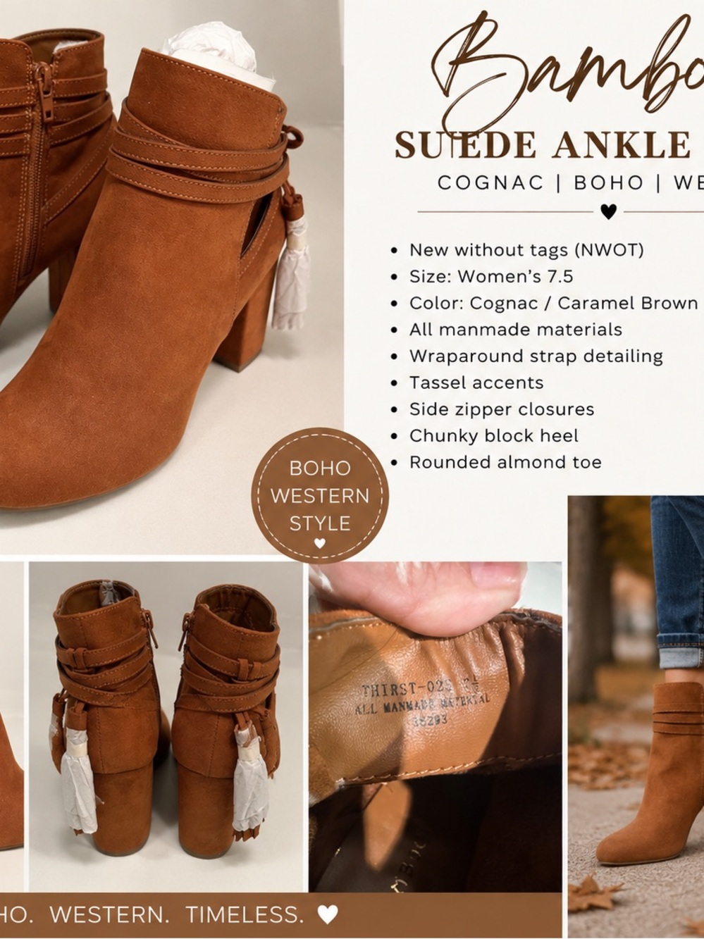 Bamboo NWOT Cognac Suede Ankle Boots Size 7.5 Boho Western